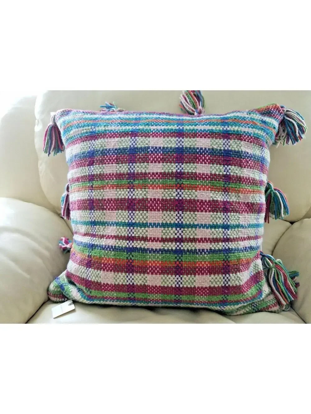 New Anthropologie Pillow Throw Pillow 18 x 18 inches Plaid w/ Fringes